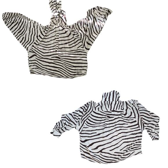 Balloon Long Sleeved Cropped Neck Bow Blouse Size 0 Zebra Print Brown Ivory - Picture 3 of 5